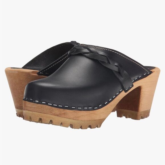 MIA Elsa black Leather And Wood Sweden Clogs with braided leather strap new 40/9 - Picture 1 of 15